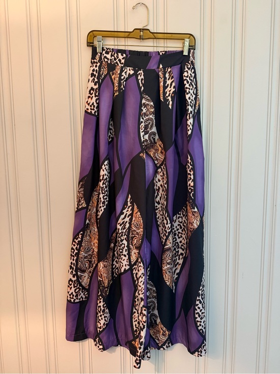Pants - Women's Purple Patterned Wide-Leg Pants with Animal Print Accents